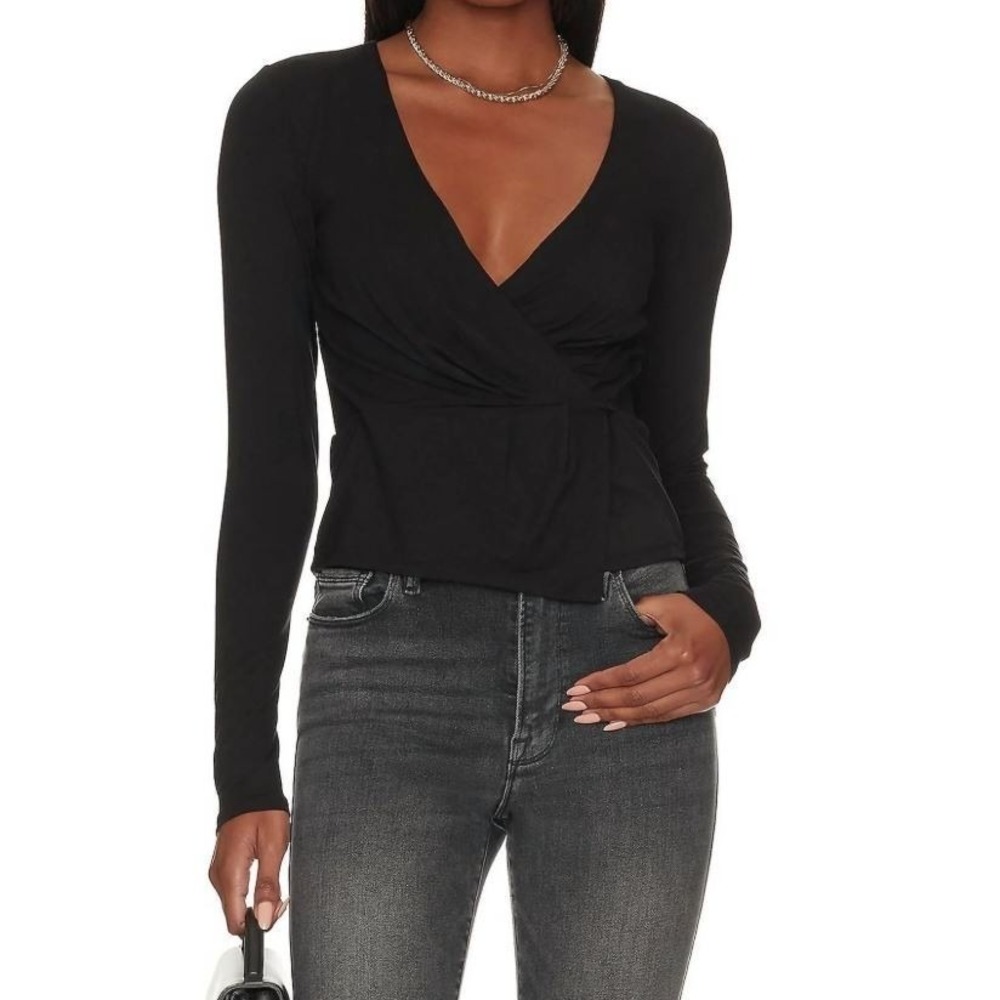 Good American Women's Good‎ Touch Long Sleeve Wrap Top in Black Size 2 Medium